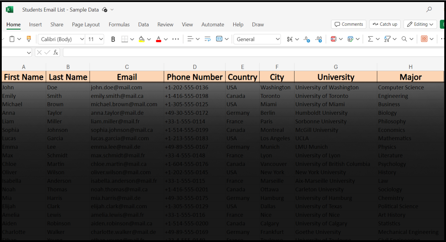 Students Contact List Sample